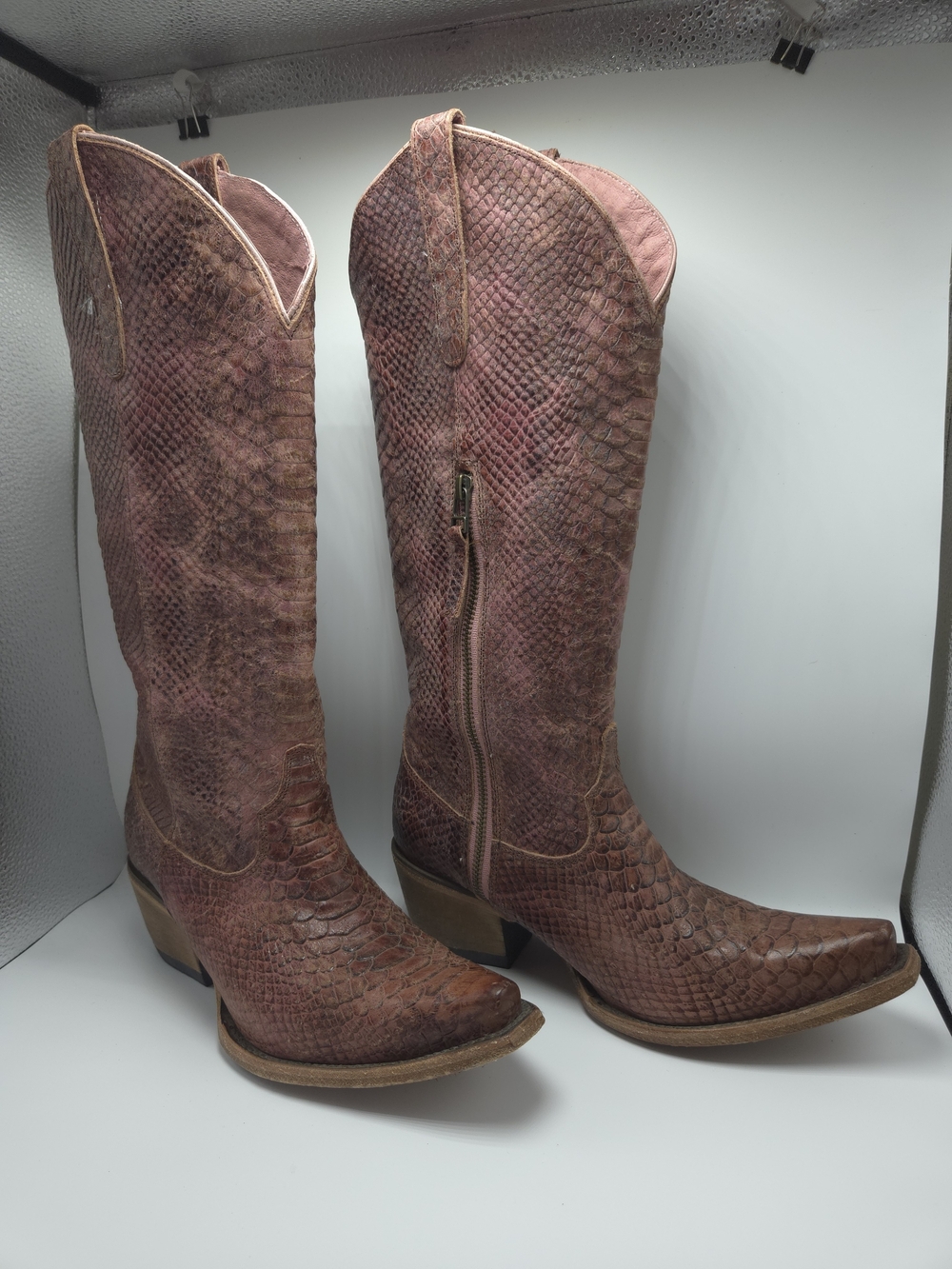 Tall Snakeskin-Texture Western Boots in Dusty Rose Brown